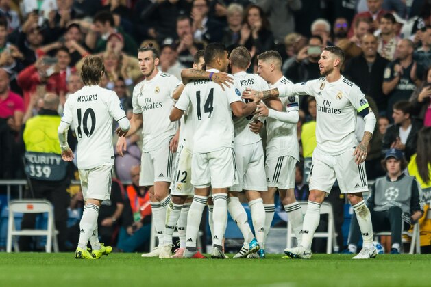 MADRID, SPAIN - OCTOBER 23: Marcelo of Real Madrid celebrates his goal with team mates during the UEFA Champions League Group G match between Real Madrid and Viktoria Plzen at Bernabeu on October 23, 2018 in Madrid, Spain. (Photo by TF-Images/Getty Images)