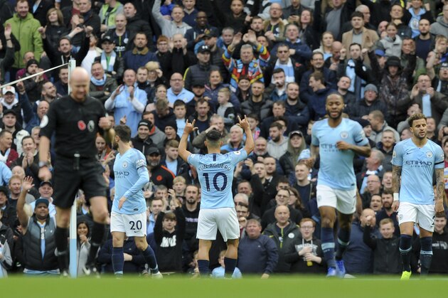 Manchester City's Sergio Aguero, center, celebrates after scoring his side's second goal during the English Premier League soccer match between Manchester City and Southampton at Etihad stadium in Manchester, England, Sunday, Nov. 4, 2018. (AP Photo/Rui Vieira)