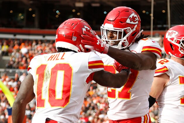 CLEVELAND, OH - NOVEMBER 04:  Kareem Hunt #27 celebrates his touchdown with Tyreek Hill #10 of the Kansas City Chiefs during the fourth quarter against the Cleveland Browns at FirstEnergy Stadium on November 4, 2018 in Cleveland, Ohio. (Photo by Kirk Irwin/Getty Images)