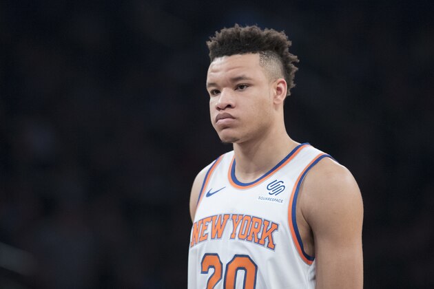 New York Knicks forward Kevin Knox pauses on the court during the first half of an NBA basketball game against the Boston Celtics, Saturday, Oct. 20, 2018, at Madison Square Garden in New York. (AP Photo/Mary Altaffer) New York Knicks forward Kevin Knox pauses on the court during the first half of an NBA basketball game against the Boston Celtics, Saturday, Oct. 20, 2018, at Madison Square Garden in New York. (AP Photo/Mary Altaffer)