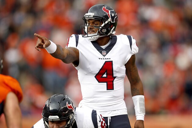 Houston Texans quarterback Deshaun Watson (4) makes a call again the Denver Broncos during the first half of an NFL football game, Sunday, Nov. 4, 2018, in Denver. (AP Photo/David Zalubowski)