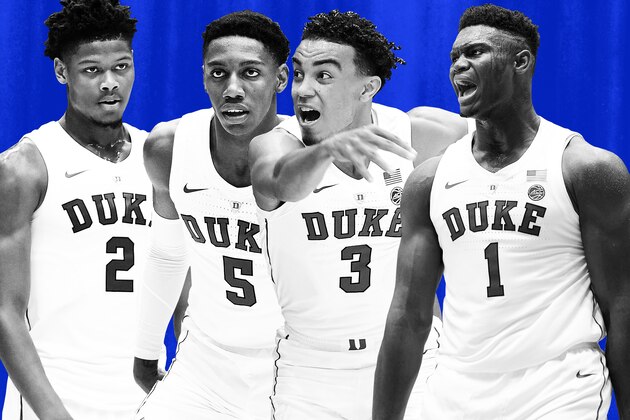 DURHAM, NC - OCTOBER 27: Zion Williamson #1 high-fives Tre Jones #3 and RJ Barrett #5 of the Duke Blue Devils during their game against the Ferris State Bulldogs at Cameron Indoor Stadium on October 27, 2018 in Durham, North Carolina. (Photo by Lance King/Getty Images)