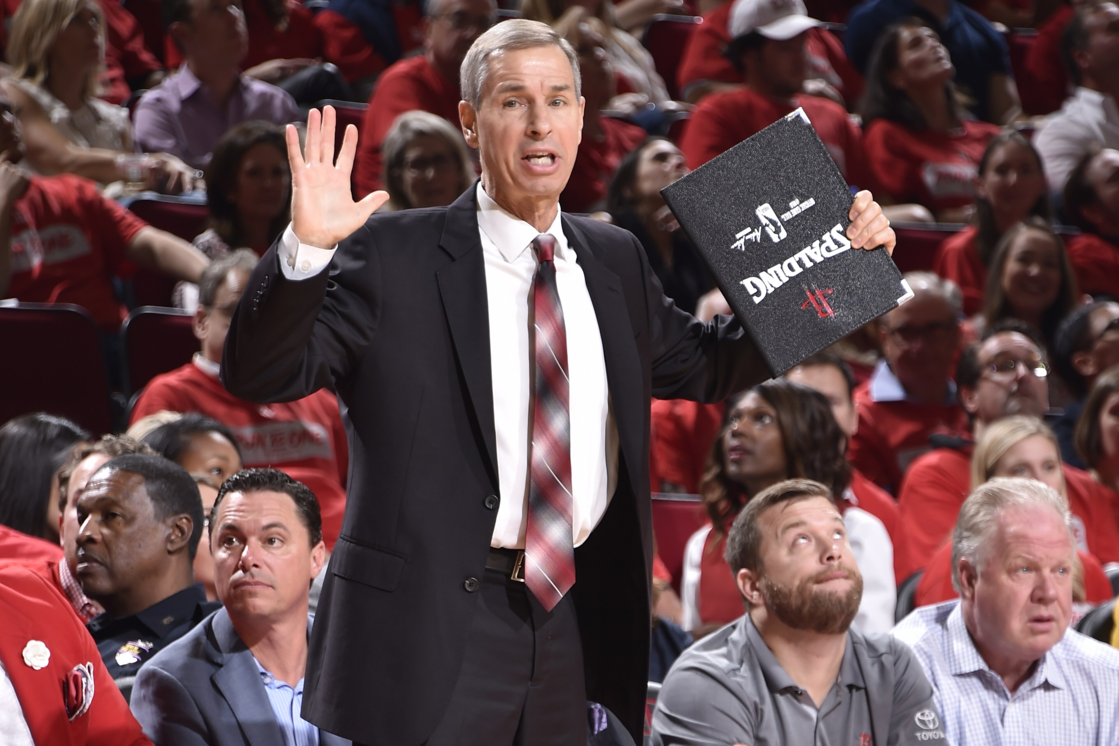 HOUSTON, TX - APRIL 18: Assistant Coach Jeff Bzdelik of the Houston Rockets calls a play agains the Minnesota Timberwolves during Game Two of Round One of the 2018 NBA Playoffs on April 18, 2018 at the Toyota Center in Houston, Texas. NOTE TO USER: User expressly acknowledges and agrees that, by downloading and or using this photograph, User is consenting to the terms and conditions of the Getty Images License Agreement. Mandatory Copyright Notice: Copyright 2018 NBAE (Photo by Bill Baptist/NBAE via Getty Images)