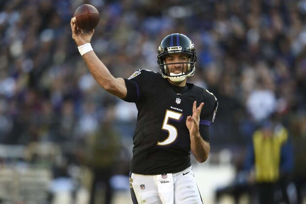 Baltimore Ravens quarterback Joe Flacco throws to a receiver in the second half of an NFL football game against the Pittsburgh Steelers, Sunday, Nov. 4, 2018, in Baltimore. (AP Photo/Gail Burton)