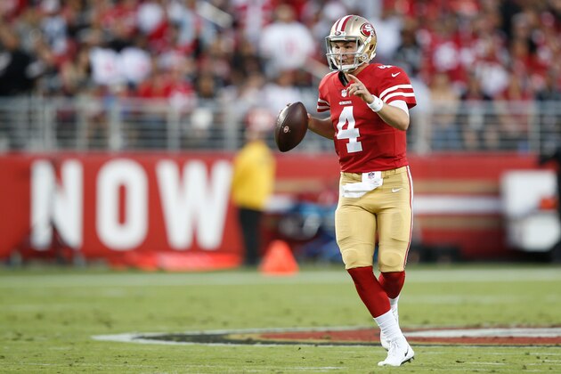 SANTA CLARA, CA - NOVEMBER 1: Nick Mullens #4 of the San Francisco 49ers looks for an open receiver during the game against the Oakland Raiders at Levi's Stadium on November 1, 2018 in Santa Clara, California. The 49ers defeated the Raiders 34-3. (Photo by Michael Zagaris/San Francisco 49ers/Getty Images)