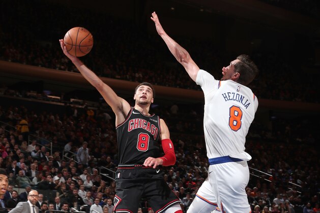 NEW YORK, NY - NOVEMBER 5: Zach LaVine #8 of the Chicago Bulls goes to the basket against the New York Knicks on November 5, 2018 at Madison Square Garden in New York City, New York. NOTE TO USER: User expressly acknowledges and agrees that, by downloading and/or using this photograph, user is consenting to the terms and conditions of the Getty Images License Agreement. Mandatory Copyright Notice: Copyright 2018 NBAE (Photo by Nathaniel S. Butler/NBAE via Getty Images)