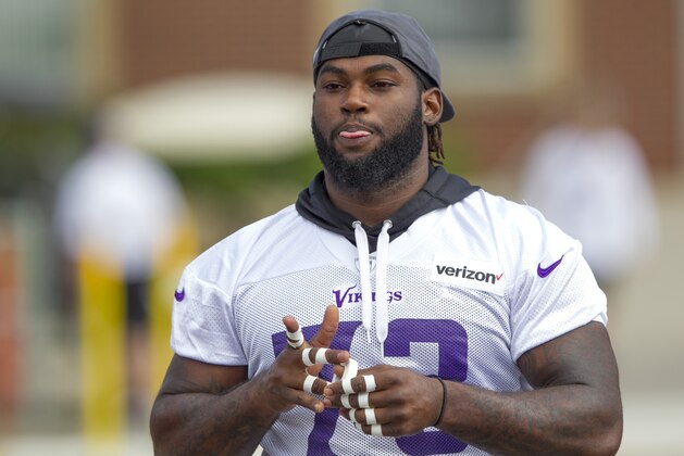 Minnesota Vikings defensive tackle Sharrif Floyd (73) during the first day of the team's NFL football training camp at Mankato State University in Mankato, Minn. on Friday, July, 29, 2016.(AP Photo/Andy Clayton-King)