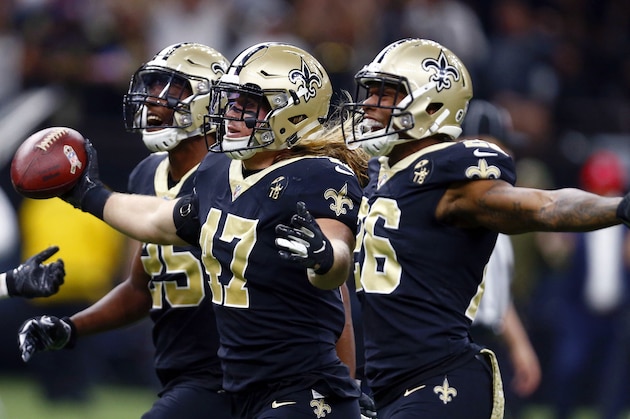 New Orleans Saints middle linebacker Alex Anzalone (47) celebrates his interception in the first half of an NFL football game against the Los Angeles Rams in New Orleans, Sunday, Nov. 4, 2018. (AP Photo/Butch Dill)