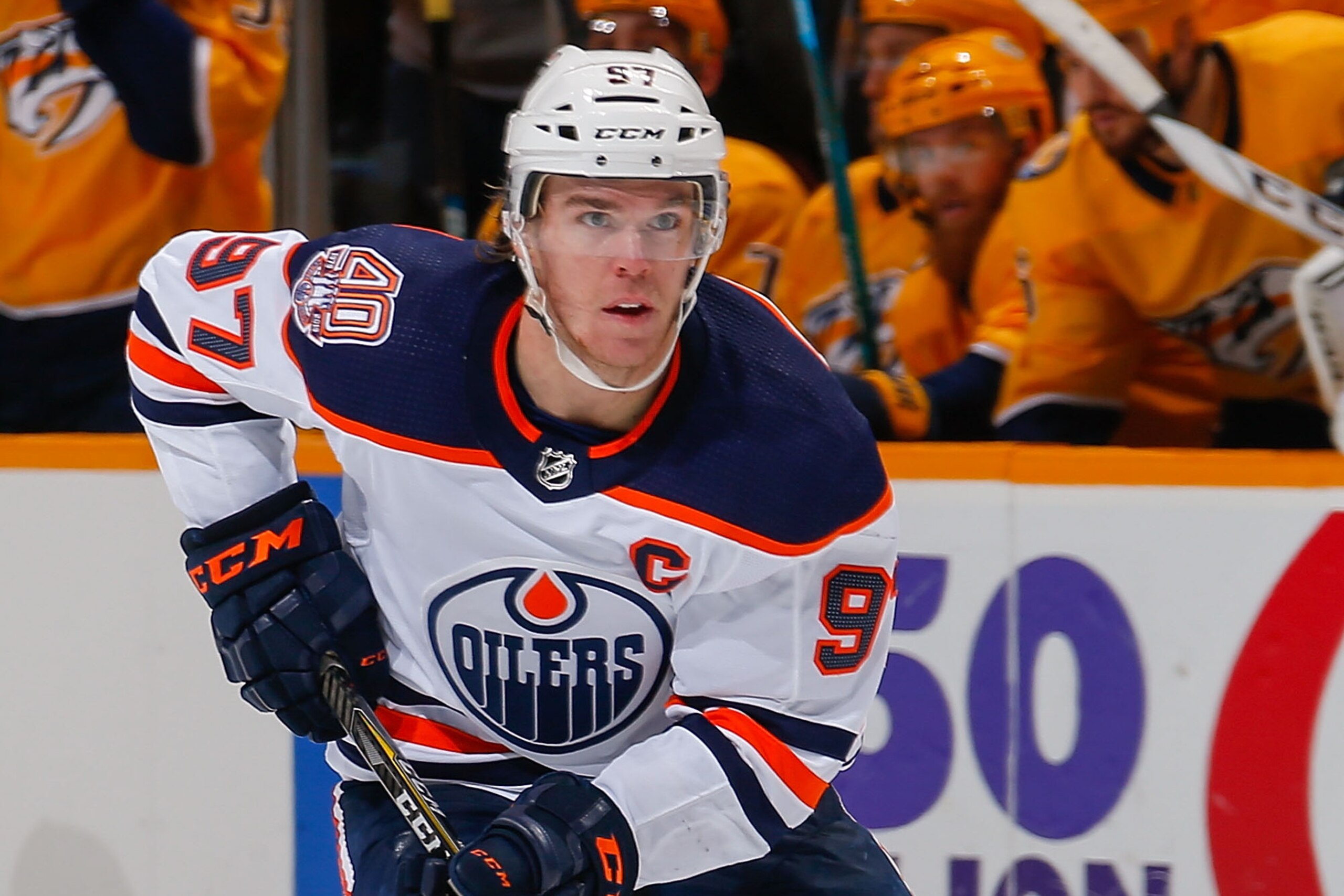 NASHVILLE, TN - OCTOBER 27:  Connor McDavid #97 of the Edmonton Oilers plays against the Nashville Predators at Bridgestone Arena on October 27, 2018 in Nashville, Tennessee.  (Photo by Frederick Breedon/Getty Images)