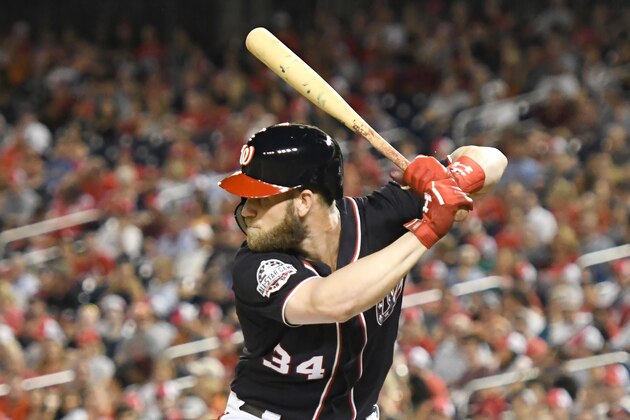 WASHINGTON, DC - AUGUST 31:  Bryce Harper #34 of the Washington Nationals prepares for a pitch during a baseball game against the Milwaukee Brewers at Nationals Park on August 31, 2018 in Washington, DC.  (Photo by Mitchell Layton/Getty Images)