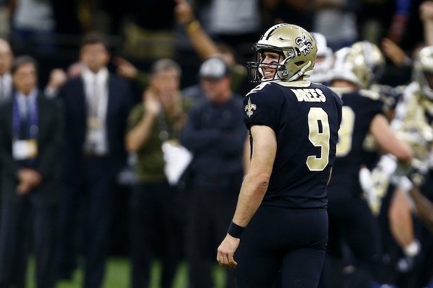 New Orleans Saints quarterback Drew Brees (9) smiles after converting a first down to clinch the win in the second half of an NFL football game against the Los Angeles Rams in New Orleans, Sunday, Nov. 4, 2018. The Saints won 45-35. (AP Photo/Butch Dill)