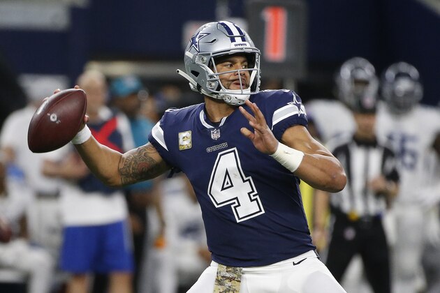 Dallas Cowboys quarterback Dak Prescott (4) works against the Tennessee Titans during the second half of an NFL football game, Monday, Nov. 5, 2018, in Arlington, Texas. (AP Photo/Michael Ainsworth)