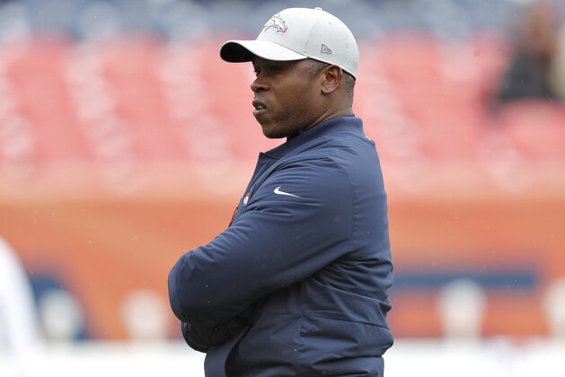 Denver Broncos head coach Vance Joseph watches warm ups prior to an NFL football game against the Los Angeles Rams, Sunday, Oct. 14, 2018, in Denver. (AP Photo/David Zalubowski)