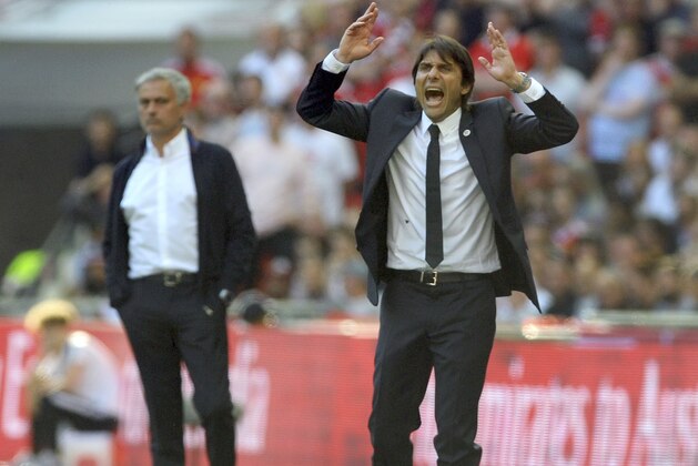 Manchester United manager Jose Mourinho, left, and Chelsea head coach Antonio Conte watch from the sidelines during the English FA Cup final soccer match between Chelsea and Manchester United at Wembley stadium in London, Saturday, May 19, 2018. (AP Photo/Rui Vieira)