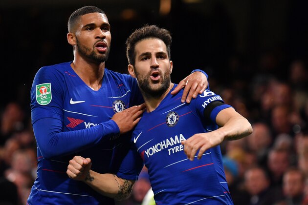 LONDON, ENGLAND - OCTOBER 31:  Cesc Fabregas of Chelsea celebrates with teammate Ruben Loftus-Cheek after scoring his team's third goal during the Carabao Cup Fourth Round match between Chelsea and Derby County at Stamford Bridge on October 31, 2018 in London, England.  (Photo by Mike Hewitt/Getty Images)