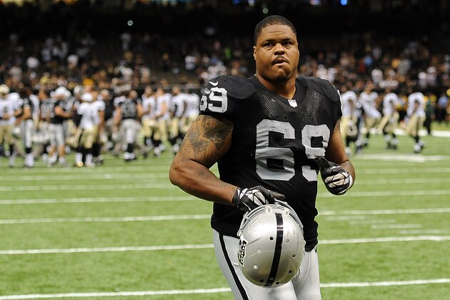 NEW ORLEANS, LA - AUGUST 16:  Khalif Barnes #69 of the Oakland Raiders leaves the field following a preseason game against the New Orleans Saints at the Mercedes-Benz Superdome on August 16, 2013 in New Orleans, Louisiana.  The Saints won 28-20.  (Photo by Stacy Revere/Getty Images)