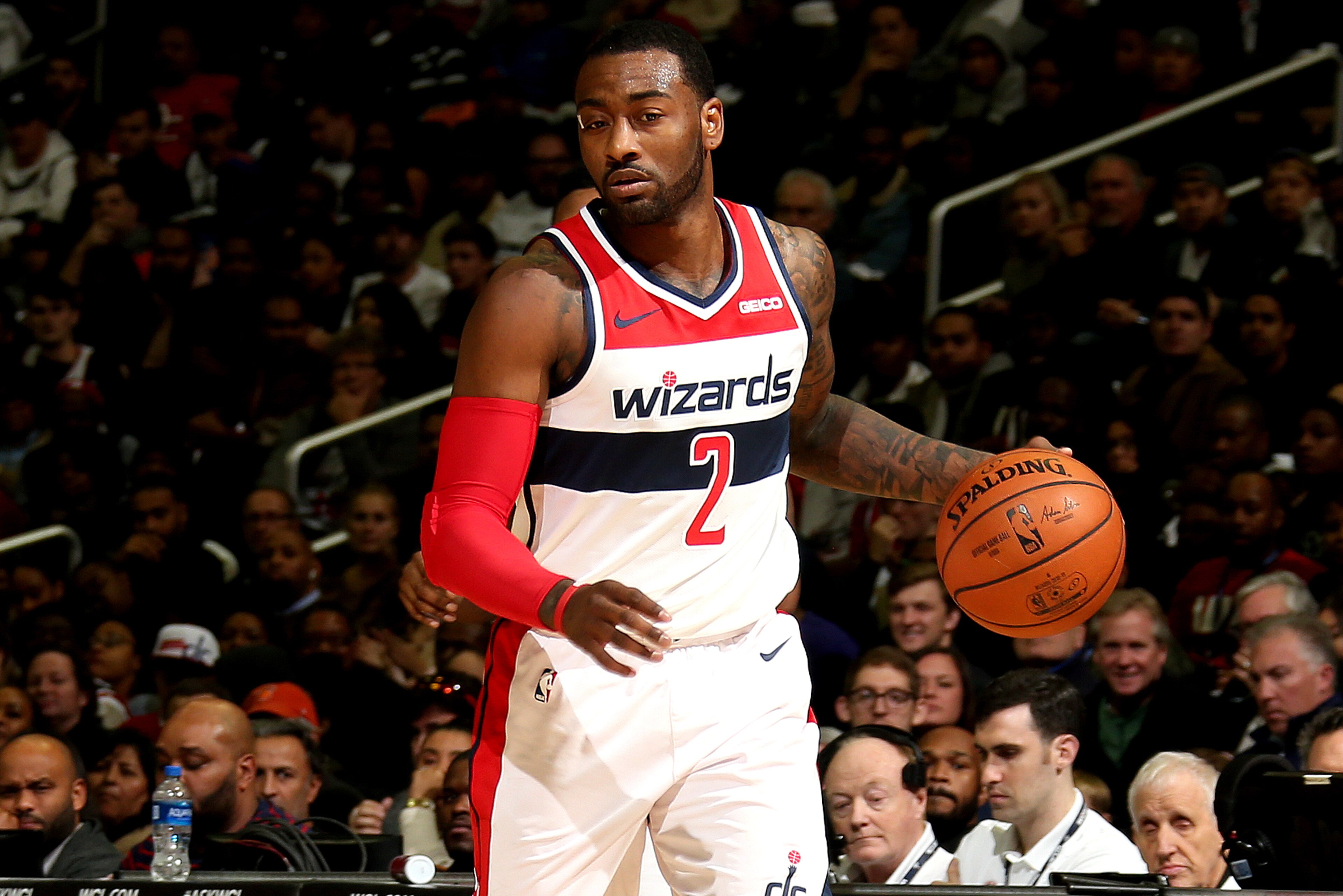 WASHINGTON, DC - NOVEMBER 4: John Wall #2 of the Washington Wizards shoots the ball against the New York Knicks on November 4, 2018 at Capital One Arena in Washington, DC. NOTE TO USER: User expressly acknowledges and agrees that, by downloading and/or using this photograph, user is consenting to the terms and conditions of the Getty Images License Agreement. Mandatory Copyright Notice: Copyright 2018 NBAE (Photo by Stephen Gosling/NBAE via Getty Images) WASHINGTON, DC - NOVEMBER 4: John Wall #2 of the Washington Wizards shoots the ball against the New York Knicks on November 4, 2018 at Capital One Arena in Washington, DC. NOTE TO USER: User expressly acknowledges and agrees that, by downloading and/or using this photograph, user is consenting to the terms and conditions of the Getty Images License Agreement. Mandatory Copyright Notice: Copyright 2018 NBAE (Photo by Stephen Gosling/NBAE via Getty Images)