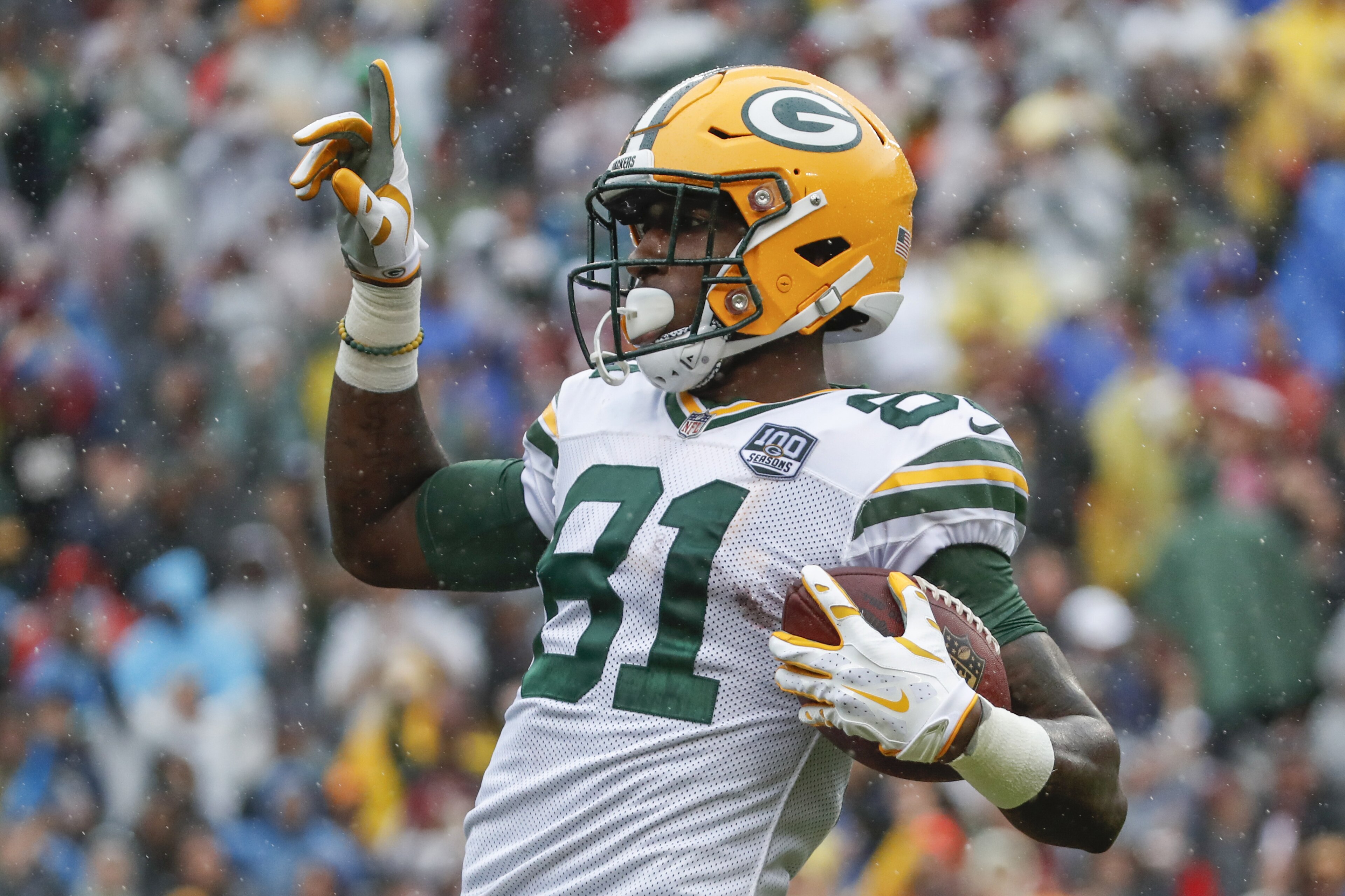 Green Bay Packers wide receiver Geronimo Allison (81) celebrates his touchdown during the first half of an NFL football game against the Washington Redskins, Sunday, Sept. 23, 2018 in Landover, Md. (AP Photo/Alex Brandon) Green Bay Packers wide receiver Geronimo Allison (81) celebrates his touchdown during the first half of an NFL football game against the Washington Redskins, Sunday, Sept. 23, 2018 in Landover, Md. (AP Photo/Alex Brandon)