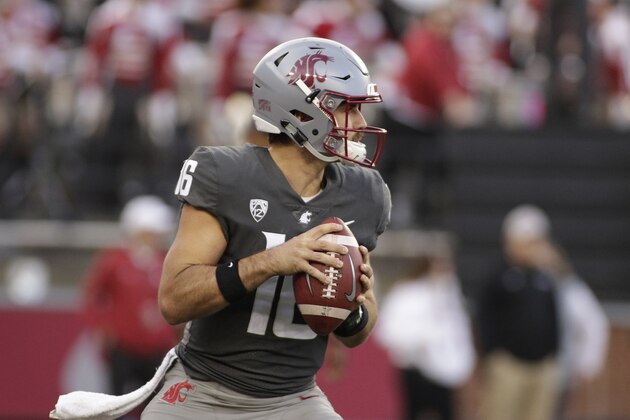Washington State quarterback Gardner Minshew II (16) looks to pass during the second half of an NCAA college football game against Utah in Pullman, Wash., Saturday, Sept. 29, 2018. (AP Photo/Young Kwak)
