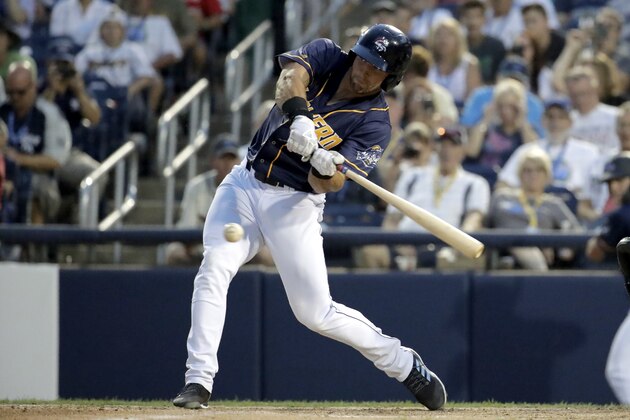 Eastern Division's Tim Tebow swings at a pitch during the fifth inning of the Eastern League All-Star minor league baseball game, Wednesday, July 11, 2018, in Trenton, N.J. (AP Photo/Julio Cortez)