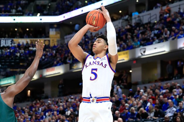 INDIANAPOLIS, IN - NOVEMBER 06: Quentin Grimes #5 of the Kansas Jayhawks shoots the ball against the Michigan State Spartans during the State Farm Champions Classic at Bankers Life Fieldhouse on November 6, 2018 in Indianapolis, Indiana.  (Photo by Andy Lyons/Getty Images)