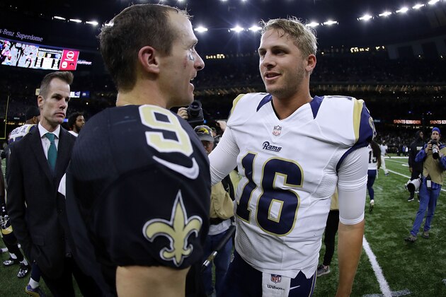 NEW ORLEANS, LA - NOVEMBER 27: Drew Brees #9 of the New Orleans Saints and Jared Goff #16 of the Los Angeles Rams greet after a game at the Mercedes-Benz Superdome on November 27, 2016 in New Orleans, Louisiana.  (Photo by Sean Gardner/Getty Images)