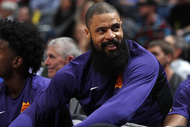 Phoenix Suns center Tyson Chandler (4) in the second half of an NBA basketball game Friday, Jan. 19, 2018, in Denver. Phoenix won 108-100. (AP Photo/David Zalubowski)