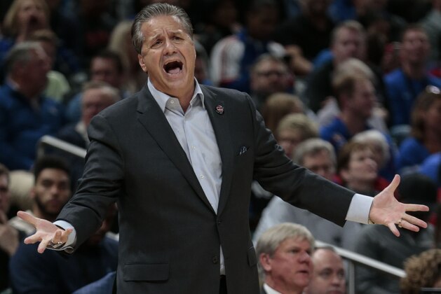 Kentucky coach John Calipari reacts to a call during the first half of the team's NCAA college basketball game against Duke at the Champions Classic in Indianapolis on Tuesday, Nov. 6, 2018. Duke won 118-84. (AP Photo/AJ Mast)