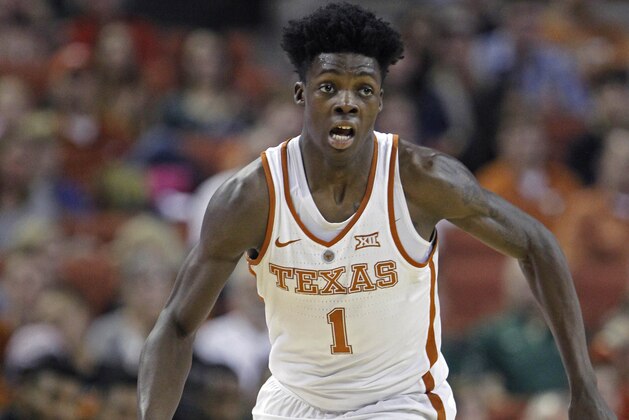 Texas guard Andrew Jones dribbles the ball during the second half of an NCAA college basketball game against Baylor, Saturday, March 4, 2017, in Austin, Texas. Baylor won 75-64. (AP Photo/Michael Thomas)