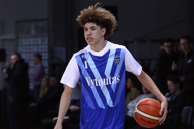 PRIENAI, LITHUANIA - JANUARY 09:  LaMelo Ball of Vytautas Prienai prior to the match between Vytautas Prienai and Zalgiris Kauno on January 9, 2018 in Prienai, Lithuania.  (Photo by Alius Koroliovas/Getty Images)
