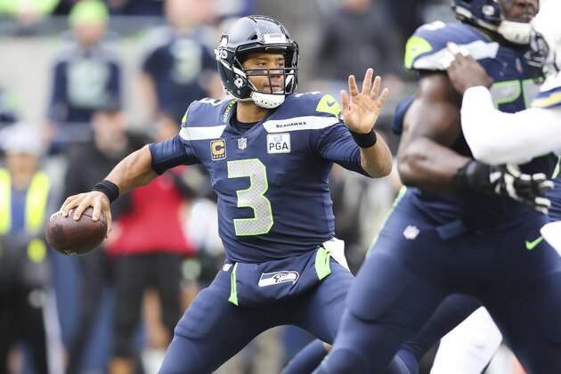 Seattle Seahawks quarterback Russell Wilson (3) makes a pass attempt from the pocket in the second half of an NFL football game, Sunday, Oct. 28, 2018, in Los Angeles. (AP Photo/Peter Joneleit)