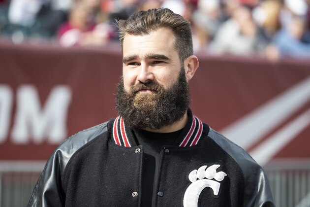 Former Cincinnati Bearcat and Philadelphia Eagles' Jason Kelce looks on during the first half of an NCAA college football against Temple, Saturday, Oct. 20, 2018, in Philadelphia. Temple won 24-17. (AP Photo/Chris Szagola)