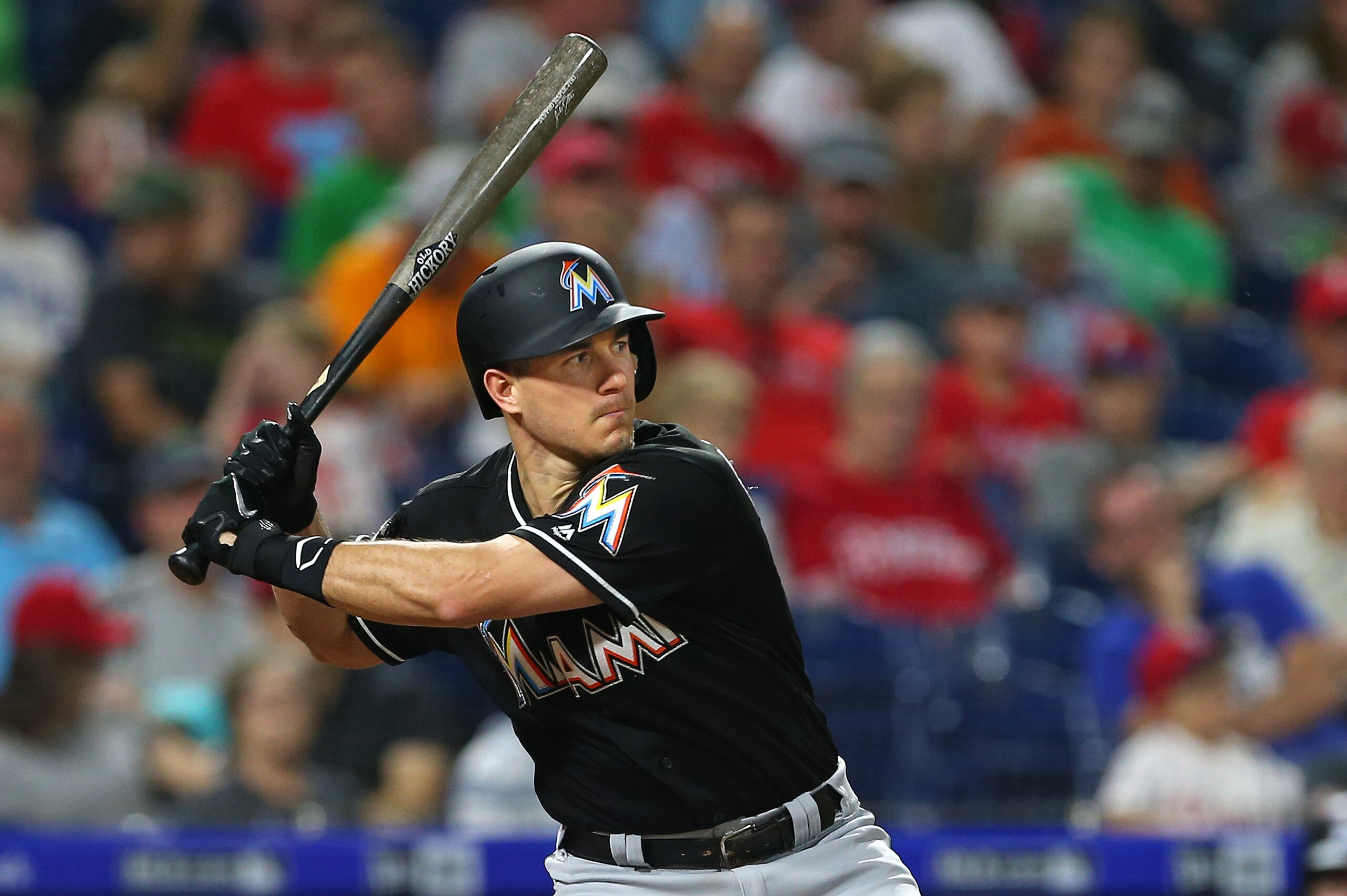 PHILADELPHIA, PA - SEPTEMBER 15: J.T. Realmuto #11 of the Miami Marlins in action against the Philadelphia Phillies during a game at Citizens Bank Park on September 15, 2018 in Philadelphia, Pennsylvania. (Photo by Rich Schultz/Getty Images)