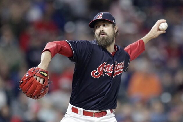 Cleveland Indians relief pitcher Andrew Miller delivers in the seventh inning of a baseball game against the Boston Red Sox, Saturday, Sept. 22, 2018, in Cleveland. (AP Photo/Tony Dejak)