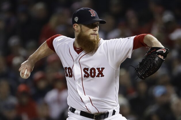 Boston Red Sox's Craig Kimbrel throws during the ninth inning of Game 1 of the World Series baseball game against the Los Angeles Dodgers Tuesday, Oct. 23, 2018, in Boston. (AP Photo/Matt Slocum)