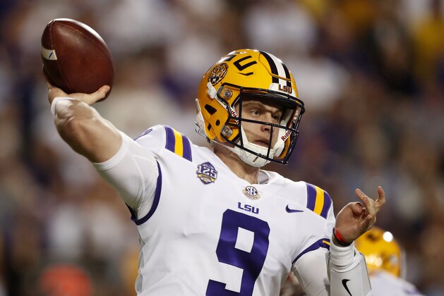 LSU quarterback Joe Burrow (9) passes in the first half of an NCAA college football game against Alabama in Baton Rouge, La., Saturday, Nov. 3, 2018. (AP Photo/Gerald Herbert)