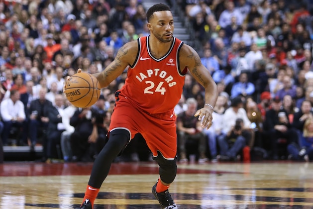 TORONTO, ON - OCTOBER 24:  Norman Powell #24 of the Toronto Raptors dribbles the ball during the second half of an NBA game against the Minnesota Timberwolves at Scotiabank Arena on October 24, 2018 in Toronto, Canada.  NOTE TO USER: User expressly acknowledges and agrees that, by downloading and or using this photograph, User is consenting to the terms and conditions of the Getty Images License Agreement.  (Photo by Vaughn Ridley/Getty Images)