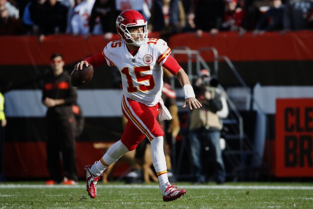 Kansas City Chiefs quarterback Patrick Mahomes (15) looks to throw a pass against the Cleveland Browns during an NFL football game, Sunday, Nov. 4, 2018, in Cleveland. The Chiefs won 37-21. (Jeff Haynes/AP Images for Panini)