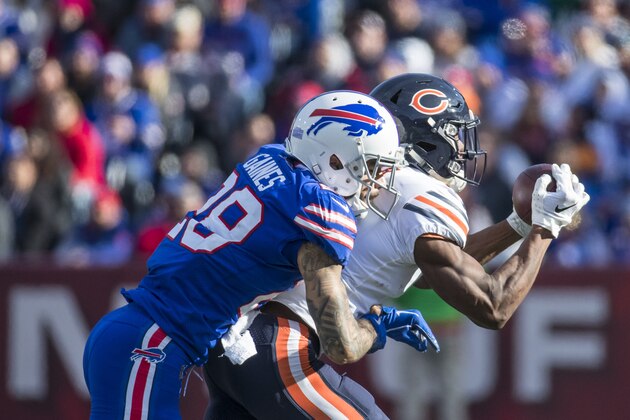 ORCHARD PARK, NY - NOVEMBER 04:  Anthony Miller #17 of the Chicago Bears makes a reception as Phillip Gaines #28 of the Buffalo Bills tackles during the second quarter at New Era Field on November 4, 2018 in Orchard Park, New York.  (Photo by Brett Carlsen/Getty Images)