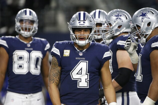 Dallas Cowboys quarterback Dak Prescott (4) and the team huddle during the second half of an NFL football game against the Tennessee Titans, Monday, Nov. 5, 2018, in Arlington, Texas. (AP Photo/Michael Ainsworth)