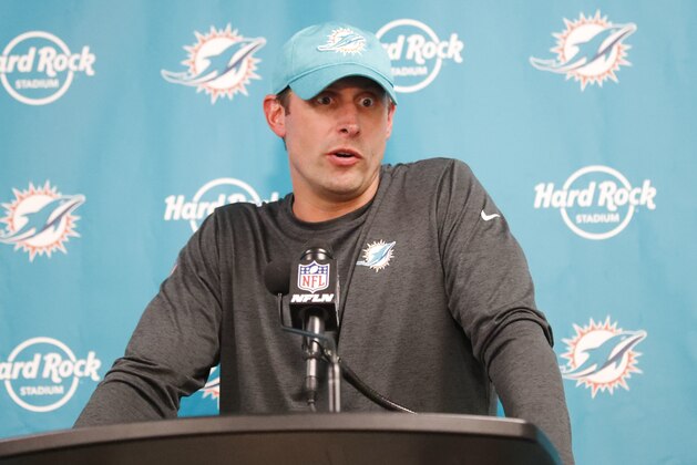 Miami Dolphins head coach Adam Gase during a post game news conference following an NFL football game against the New York Jets, Sunday, Nov. 4, 2018, in Miami Gardens, Fla. The Dolphins defeated the Jets 13-6. (AP Photo/Wilfredo Lee)