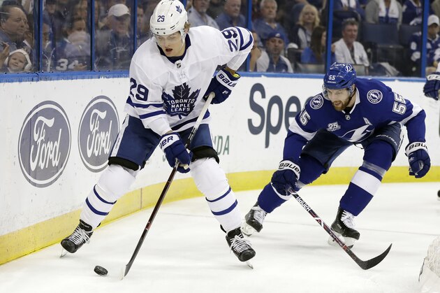Toronto Maple Leafs center William Nylander (29) gets past Tampa Bay Lightning defenseman Braydon Coburn (55) during the first period of an NHL hockey game Tuesday, March 20, 2018, in Tampa, Fla. (AP Photo/Chris O'Meara)