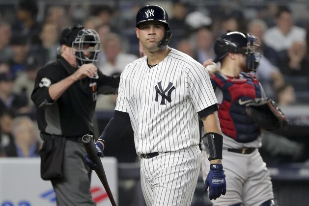 New York Yankees' Gary Sanchez reacts after striking out against the Boston Red Sox during the fourth inning of Game 3 of baseball's American League Division Series, Monday, Oct. 8, 2018, in New York. (AP Photo/Frank Franklin II)