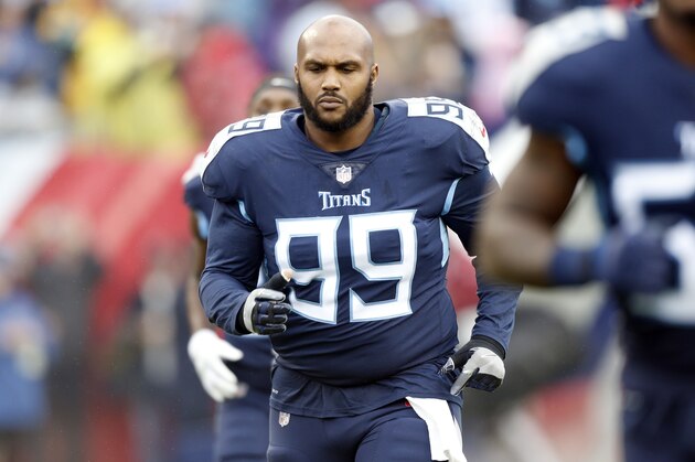 Tennessee Titans defensive tackle Jurrell Casey runs onto the field for an NFL football game against the Baltimore Ravens Sunday, Oct. 14, 2018, in Nashville, Tenn. (AP Photo/Wade Payne)