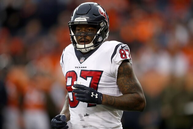 Houston Texans wide receiver Demaryius Thomas (87) lines up against the Denver Broncos during the first half of an NFL football game, Sunday, Nov. 4, 2018, in Denver. (AP Photo/David Zalubowski)
