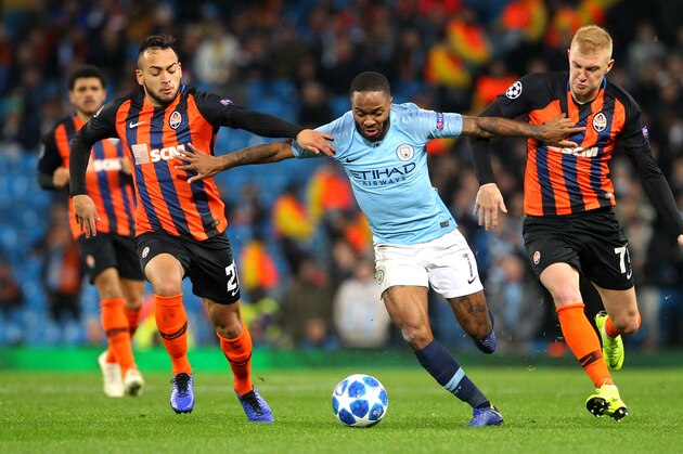 MANCHESTER, ENGLAND - NOVEMBER 07: Maycon of Shakhtar Donetsk FC and Taison of Shakhtar Donetsk FC and Raheem Sterling of Manchester City in action during the Group F match of the UEFA Champions League between Manchester City and FC Shakhtar Donetsk at Etihad Stadium on November 7, 2018 in Manchester, United Kingdom. (Photo by Chloe Knott - Danehouse/Getty Images)