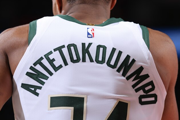 PORTLAND, OR - NOVEMBER 6: A close up shot of the back of Giannis Antetokounmpo #34 of the Milwaukee Bucks during the game against the Portland Trail Blazers on November 6, 2018 at the Moda Center in Portland, Oregon. NOTE TO USER: User expressly acknowledges and agrees that, by downloading and or using this Photograph, user is consenting to the terms and conditions of the Getty Images License Agreement. Mandatory Copyright Notice: Copyright 2018 NBAE (Photo by Sam Forencich/NBAE via Getty Images)