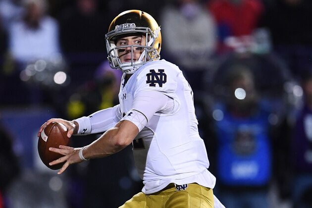 EVANSTON, IL - NOVEMBER 03:  Ian Book #12 of the Notre Dame Fighting Irish looks to pass during the second half of a game against the Northwestern Wildcats at Ryan Field on November 3, 2018 in Evanston, Illinois.  (Photo by Stacy Revere/Getty Images)