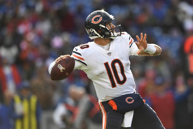 Chicago Bears quarterback Mitchell Trubisky (10) throws a pass during the second half of an NFL football game against the Buffalo Bills Sunday, Nov. 4, 2018, in Orchard Park, N.Y. (AP Photo/Adrian Kraus)