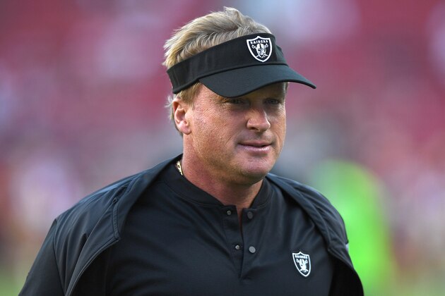 SANTA CLARA, CA - NOVEMBER 01:  Head coach Jon Gruden of the Oakland Raiders looks on during warm ups prior to their game against the San Francisco 49ers at Levi's Stadium on November 1, 2018 in Santa Clara, California.  (Photo by Thearon W. Henderson/Getty Images)